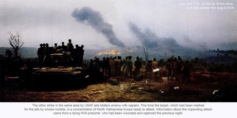 Trong vụ không kích khác tại cùng khu vực, các phản lực cơ Không quân Mỹ ném bom napalm vào quân địch. Lần này mục tiêu, được đánh dấu cho các phản lực cơ bằng trái khói, là một điểm tập trung bộ đội Bắc Việt đang chuẩn bị tấn công. Thông tin về cuộc tấn công sắp xảy ra được cung cấp bởi một tù binh Bắc Việt gần chết, là người đã bị thương và bị bắt trong đêm hôm trước.